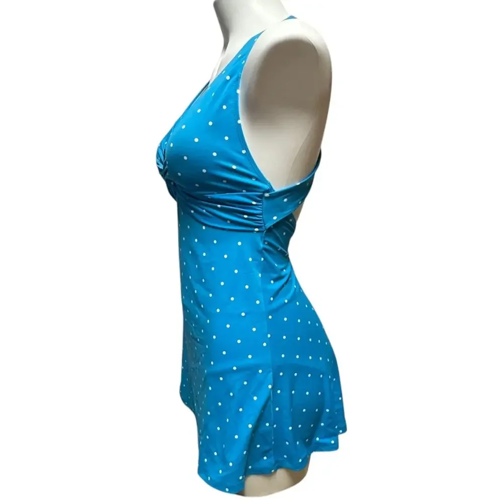 L.L.Bean Twisted One Piece Swimsuit Swim Dress Blue White Polka Dot 4